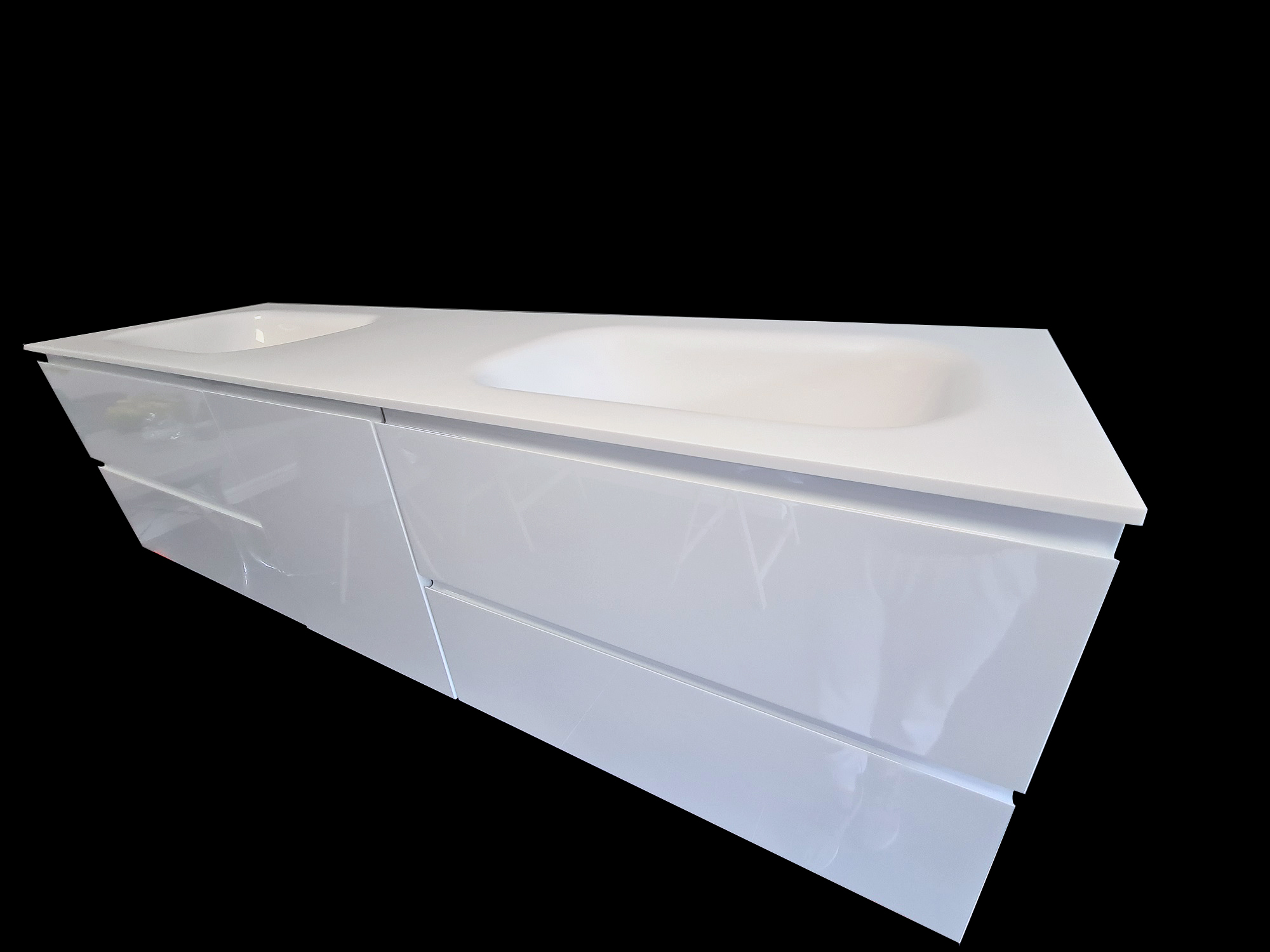 Szafka lakierowana 180x50x50cm z czterema szufladami, koszem na pranie oraz z blatem z dwiema wygiętymi umywalkami